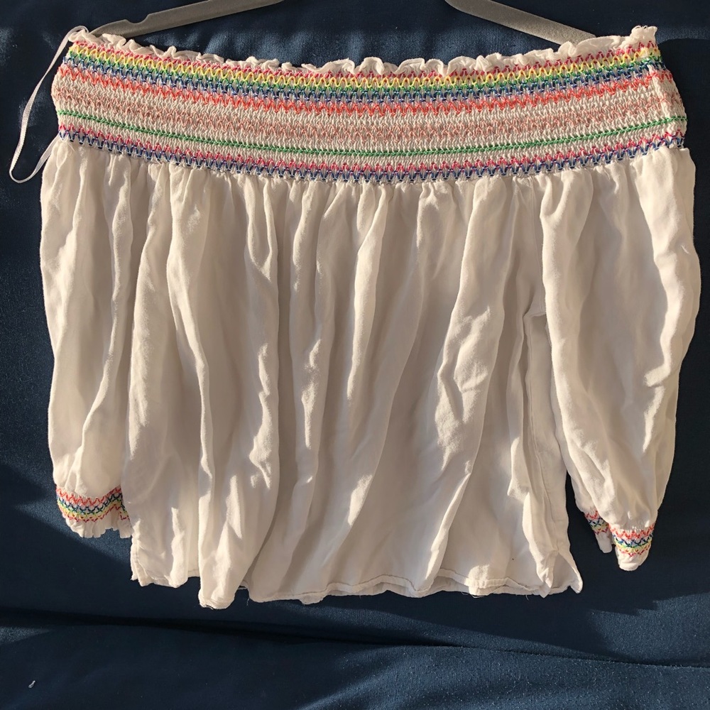 white and rainbow off the shoulder top